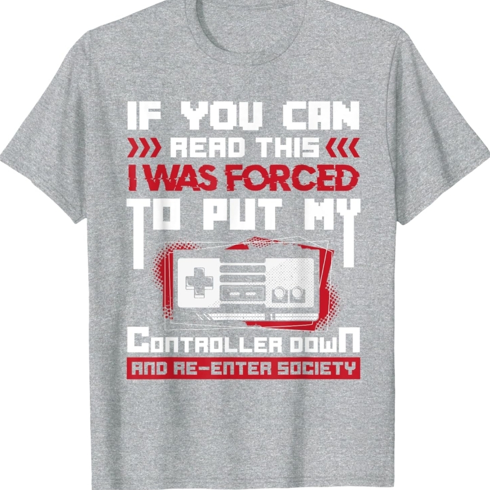 Gray Graphic T-Shirt with Red and White Print